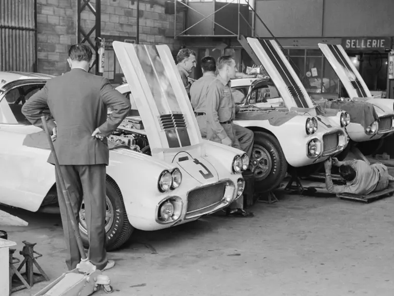 The three Cunningham Corvettes receive final preparations at Guillon’s garage prior to the 24 Hours of Le Mans.