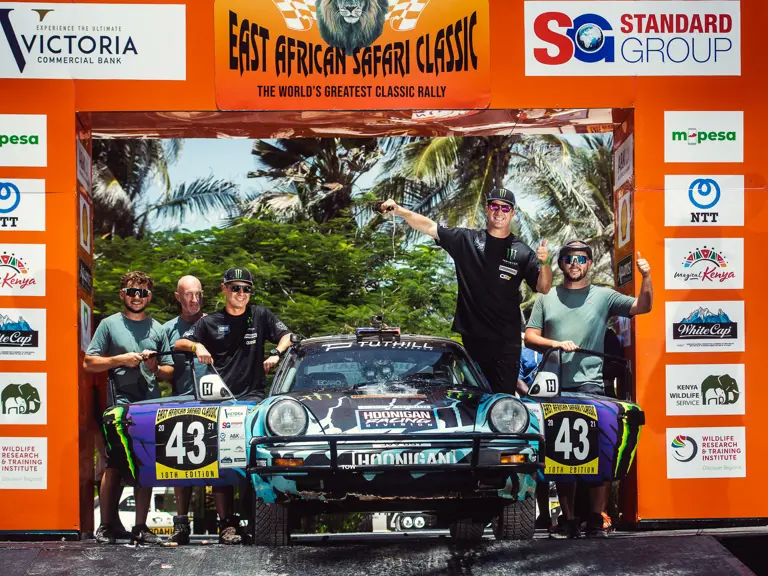The Tuthill-prepared Porsche 911 SC 'Safari' on the 2022 East African Safari Classic, driven by Ken Block.