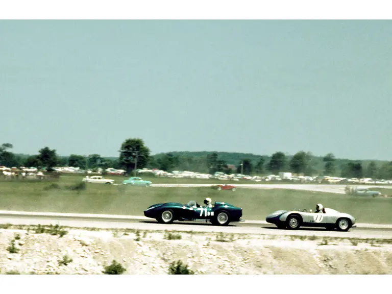 In June 1961 the Road America National was held at Elkhart Lake. In this picture Wuesthoff is running behind Canadian Peter Ryan in a Porsche 718 and Ted Baumgartner with his Ferrari 250 TR. He would roll the car having several fractures which put an end to his racing career. (Tom Schultz)