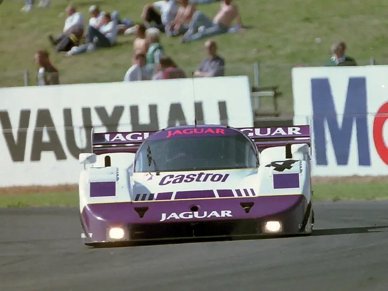 Andy Wallace and Jan Lammers drive No.4 at the 1990 Donington World Sports Prototype Championships.