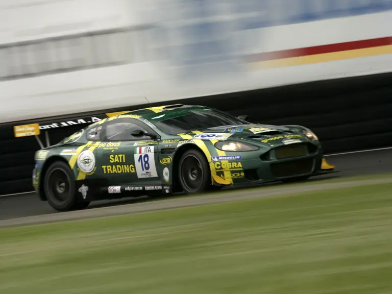 The Aston Martin is captured at the FIA GT3 Championship round in Monza, Italy in May 2008. It was driven by Massimo Mantovani and Pietro Zumerle.