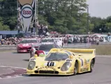 The 917 K-81 wears the race number 10 as it leads the pack through the Ford Chicane at the 1981 24 Hours of Le Mans.