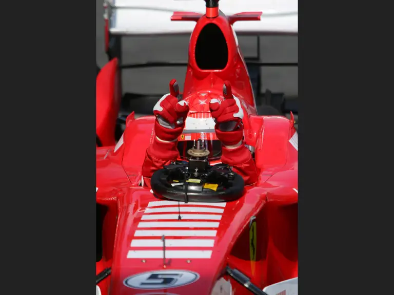 Michael Schumacher celebrates his win at the 2006 European Grand Prix.
