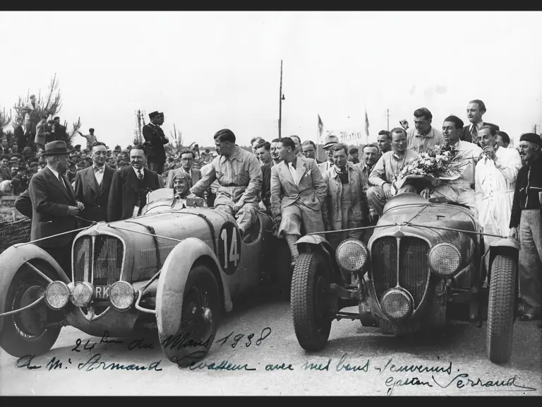 Serraud and Cabantous pose for a photograph after finishing 2nd at the 1938 24 Hours of Le Mans.