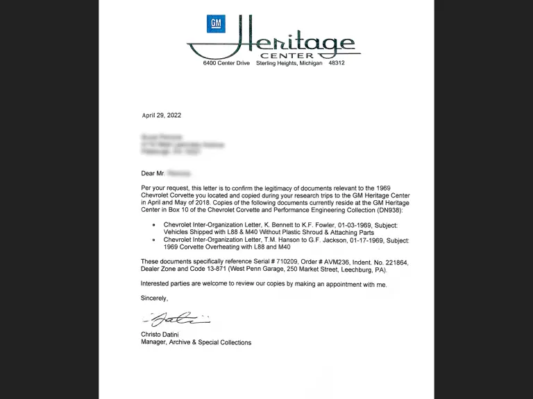 Letter from General Motors Heritage Center issued 29 April 2022, confirming authenticity of, and verifying all details listed on, the car’s original tank sticker.

CREDIT: Provided courtesy of General Motors Heritage Center.
