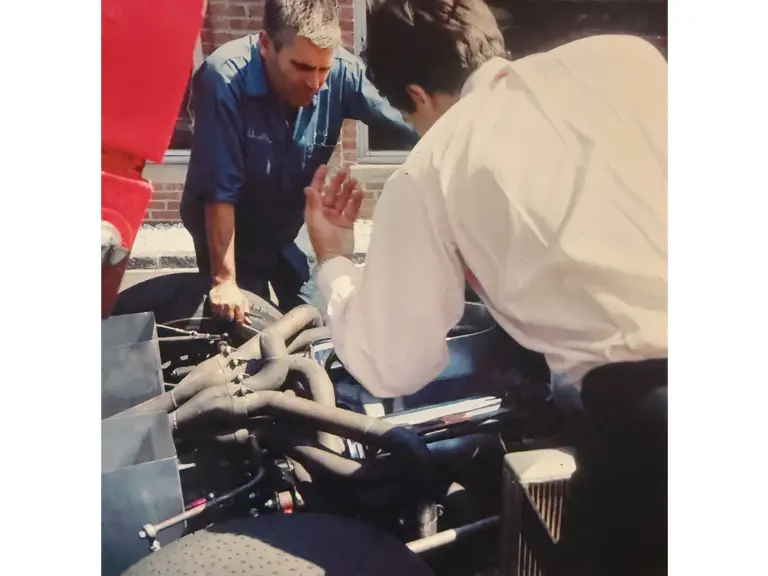 P/1032 at Luigi Chinetti’s Ferrari dealership in Greenwich, Connecticut, following the 1966 24 Hours of Le Mans. Photo taken in the summer of 1966, prior to P/1032’s return to Europe for display at auto shows. Chief NART mechanic Nereo Iori (left) and Luigi “Coco” Chinetti Jr. (right) inspect the Holman-Moody Le Mans entrant’s engine.