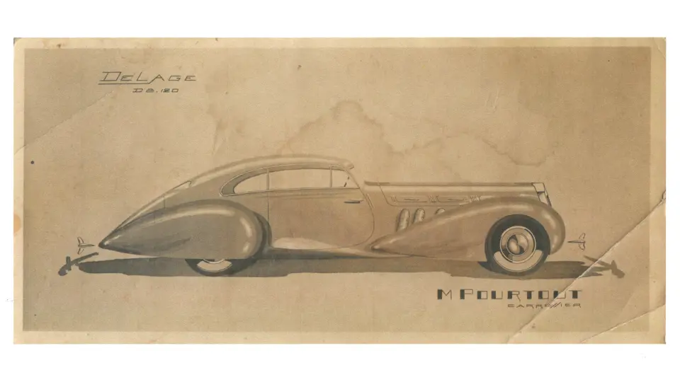 The original Pourtout design proposal that evolved into the Aerodynamic Coupe, a rare instance of the final creation being more dramatic than the stylist's drawing!