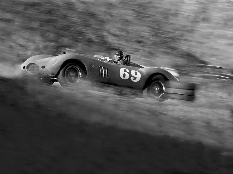 Dan Gurney, behind the wheel of chassis no. 0478 AM, at Paramount Ranch during the main event race. Gurney took 1st overall at the race, held on 8 December 1957.