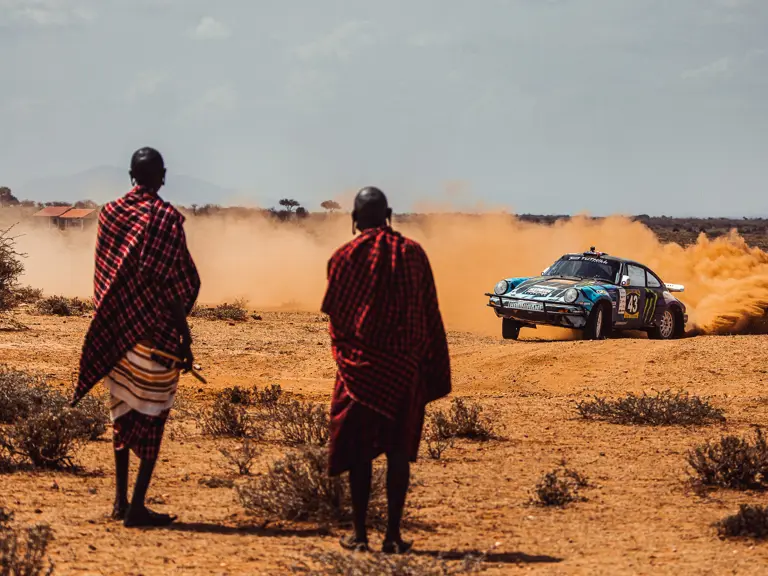 The Tuthill-prepared Porsche 911 SC 'Safari' on the 2022 East African Safari Classic, driven by Ken Block.
