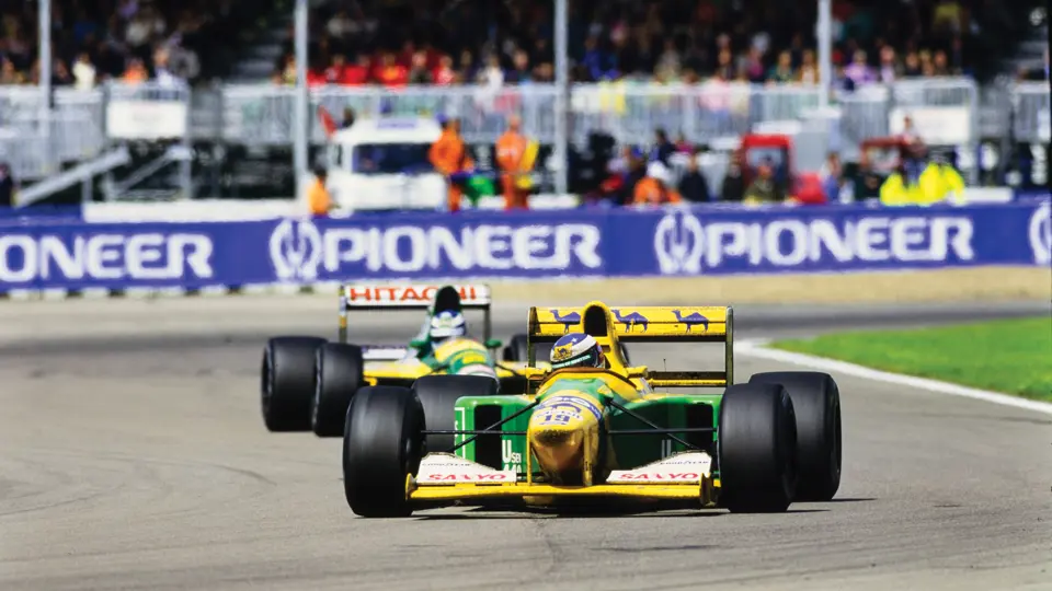 Michael Schumacher leads Mika Häkkinen at the 1992 British Grand Prix.