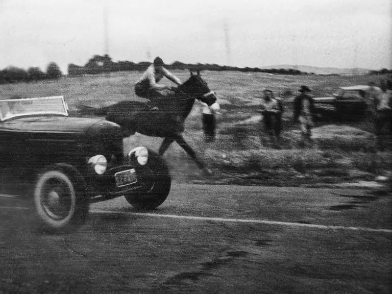 Pete Henderson edges out the undefeated quarter horse at the famous race in La Habra, California, 1944.