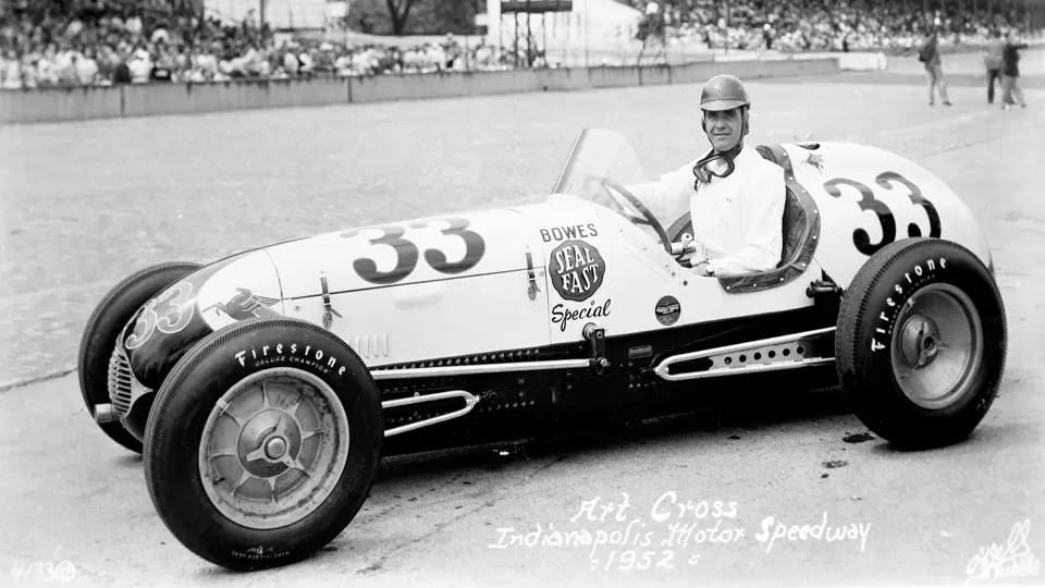 Art Cross sits in his Kurtis-Kraft during qualifying for the Indianapolis Motor Speedway, 1952.