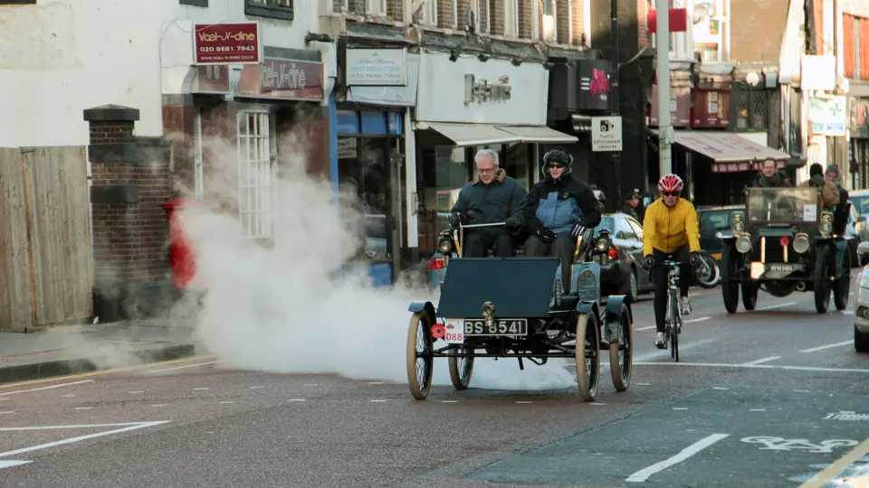 The Milwaukee Steam Racer makes progress as it is pictured participating in the 2013 London to Brighton Veteran Car Run.