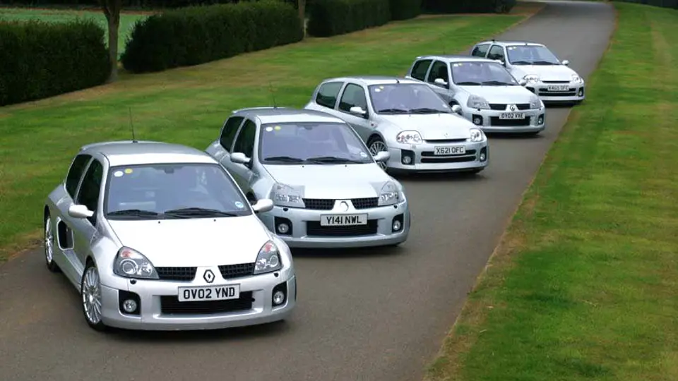 Five of TWR's development Renault Clios lined up outside its workshop. Chassis ‘7’ can be seen second from the back.