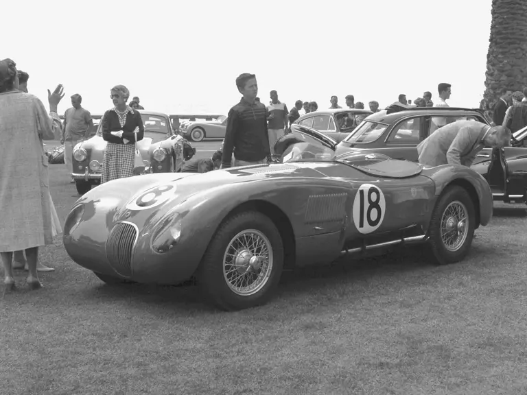 XKC 007 takes a break from racing at the Santa Barbara Concours d’Elegance in 1956.