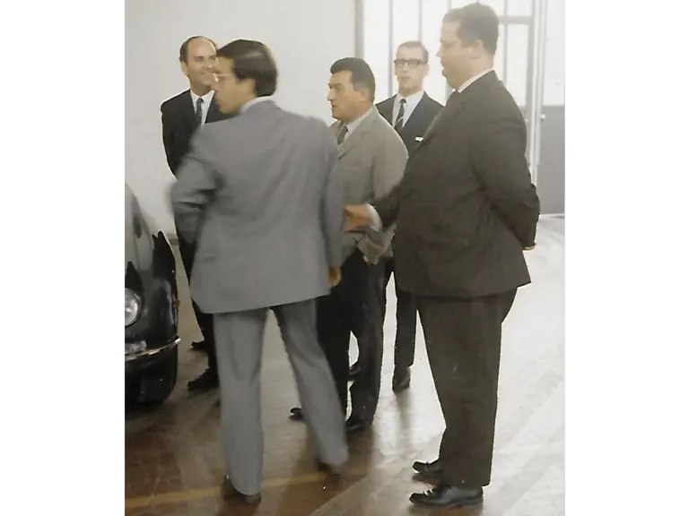 Ferruccio Lamborghini at the Lamborghini factory with the owner of the 400 GT in 1967.