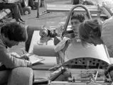 Ayrton Senna sitting in the Ralt RT3 speaks to his mechanics at Thruxton in November of 1982.