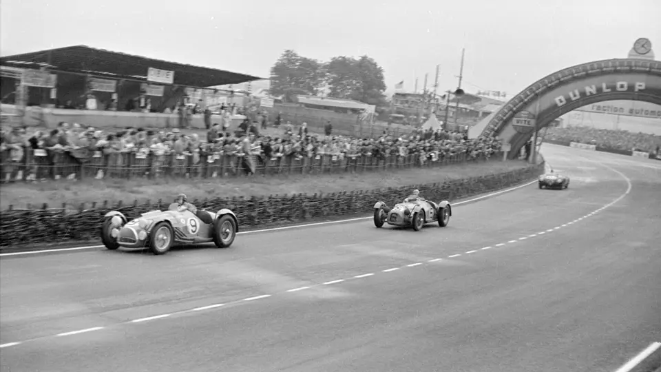 The Mairesse / Meyrat Talbot T26 Grand Sport emerges from the famous Dunlop Bridge at Le Mans in 1951.