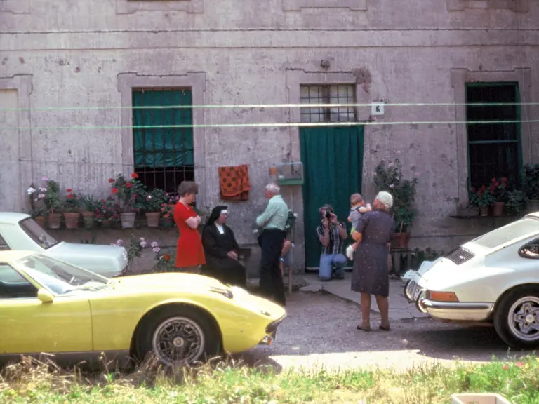 The Miura as seen in Cremona, Italy with Mrs. Weber’s family and Mr. Weber’s Porsche 911, circa 1975.