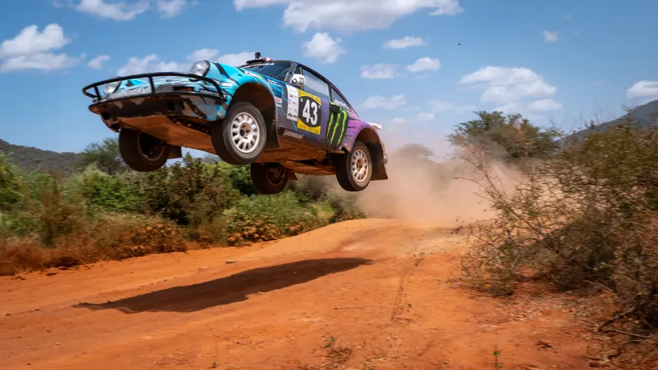 The Tuthill-prepared Porsche 911 SC 'Safari' on the 2022 East African Safari Classic, driven by Ken Block.