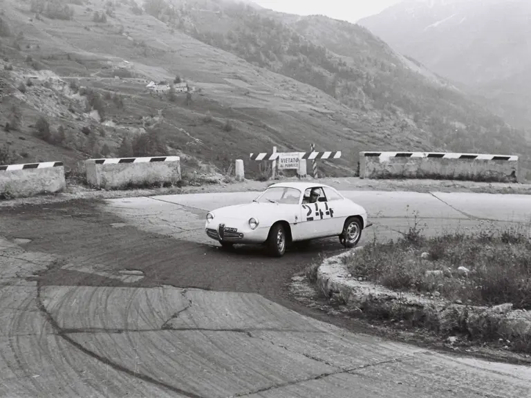 The Alfa Romeo competes in Cesena Sestiere, an Italian hill climb near French border, in 1962.