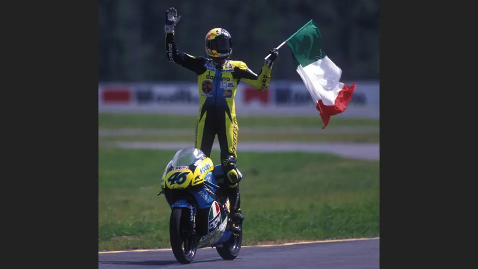 Rossi stands on chassis 1291195 having claimed his first career victory on this 125cc Aprilia racing motorbike.