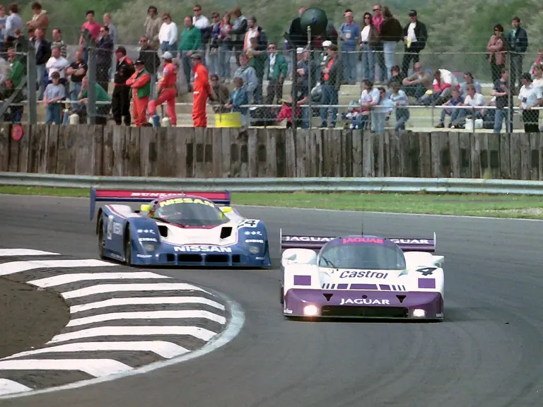 The No.4 Jaguar, driven by Jan Lammers and Andy Wallace, places 2nd at the 1990 Silverstone World Sports Prototype Championship.