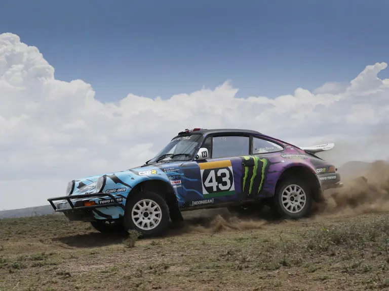 The Tuthill-prepared Porsche 911 SC 'Safari' on the 2022 East African Safari Classic, driven by Ken Block.