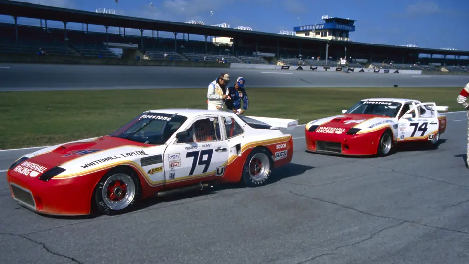 Both Whitehall Racing Porsche 924 GTRs pictured before the start of the 1984 24 Hours of Daytona. GTR006 is at the back, identifiable by its low-level door mirrors.