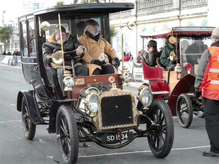The Talbot is pictured reaching the finish line of the London to Brighton Veteran Car Run.