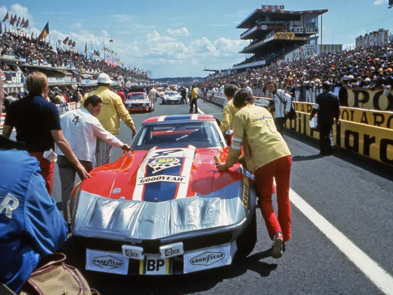 The #4 RED/NART Corvette lining up prior to the start of the 24 Hours of Le Mans, 1972.
