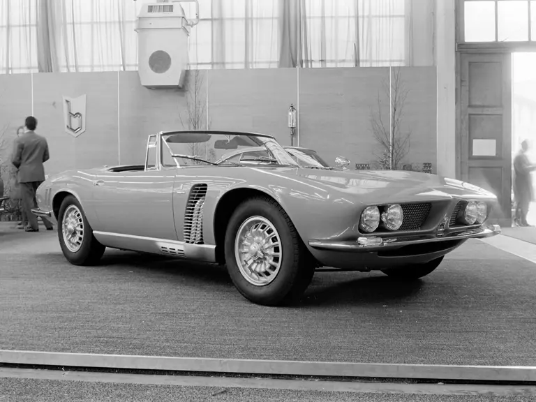 The one-off Iso Grifo A3/L Spider Prototype displayed at the Bertone stand during the 1964 Geneva Motor Show. Note the original “dual-nostril” front fascia treatment.