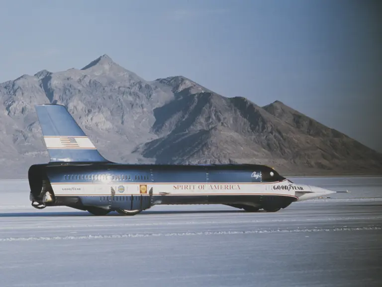 American racing driver Craig Breedlove drives Spirit of America - Sonic I as it makes one of its timed runs to set a new world speed record for jet powered cars of 555 mph at Bonneville Salt Flats in Utah, United States on 2nd November 1965.