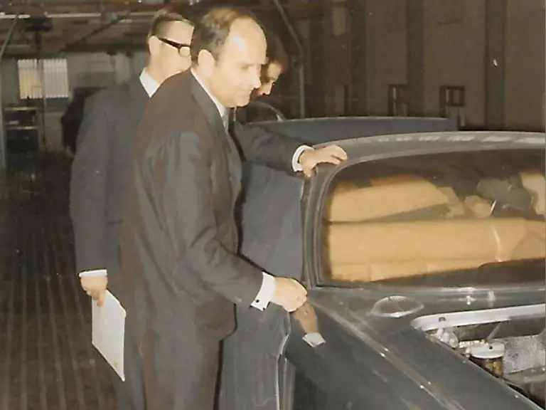 The current owner of the 400 GT inspects the production line at the Lamborghini factory in 1967.