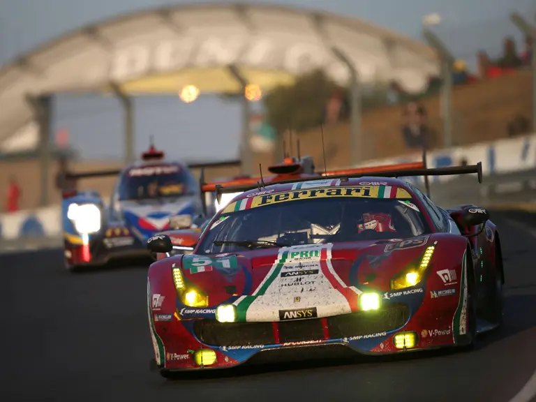 Light fades in Le Mans as the Ferrari presses on during the 2017 edition of the famous 24-hour race.