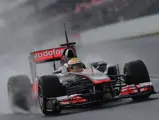 Lewis Hamilton at speed during pre-season Formula 1 testing in Barcelona in February 2011.