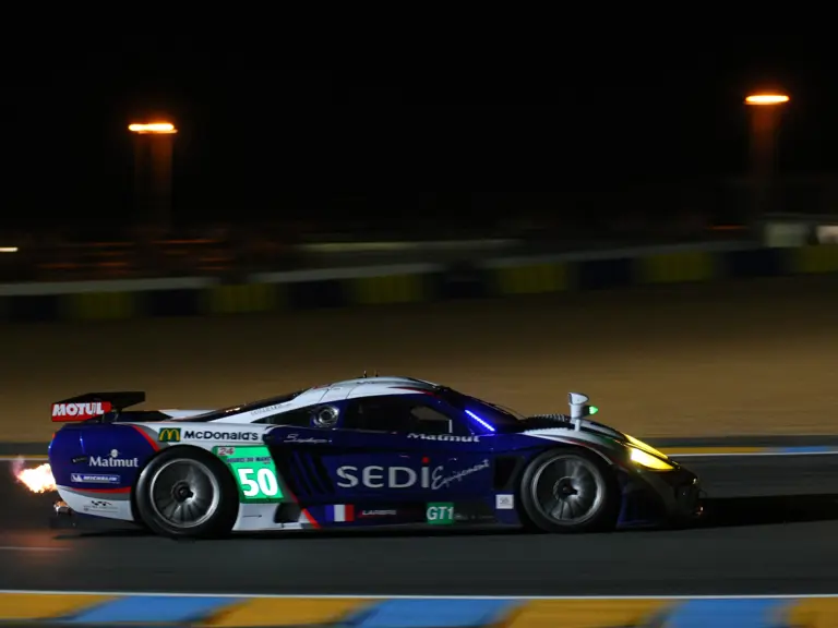 Spitting flames through the Dunlop Chicane, the sole Saleen S7-R finished 1st in the GT1 class during the 2010 24 Hours of Le Mans.