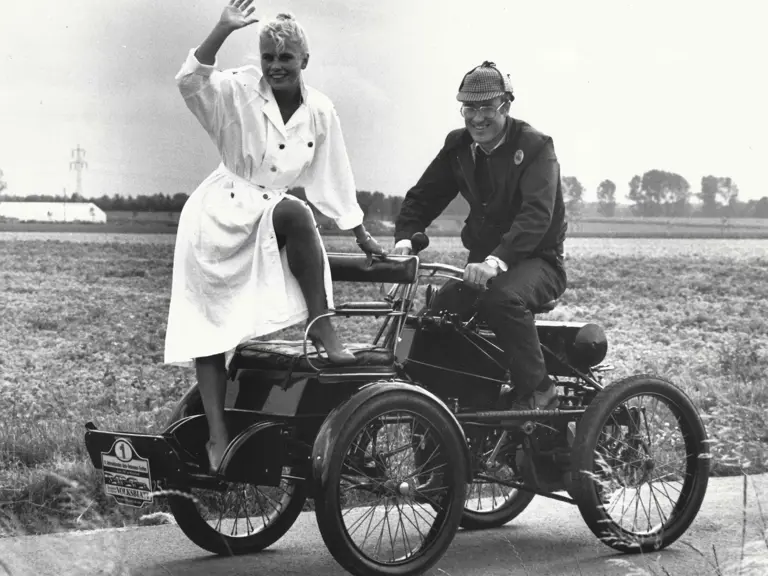 Former owner Bob Steffalaar makes use of the trike’s front quadricycle attachment.