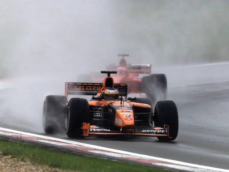 Pedro de la Rosa followed by Rubens Barrichello at the 2000 European Grand Prix at the Nürburgring, where de la Rosa finished sixth.