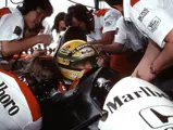 Ayrton Senna sitting in chassis number MP4/6/1 just prior to the 1991 Brazilian Grand Prix.