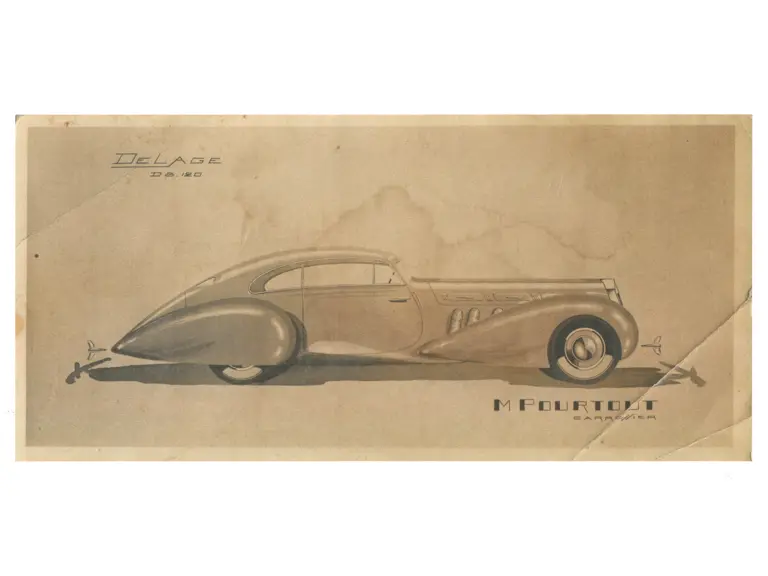 The original Pourtout design proposal that evolved into the Aerodynamic Coupe, a rare instance of the final creation being more dramatic than the stylist's drawing!