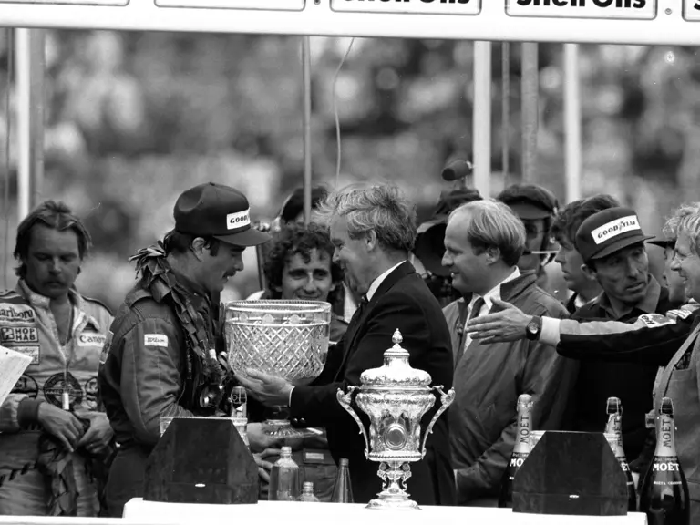 19th - 21st July 1985 European Grand Prix, Brands Hatch England. 
Podium Nigel Mansell Williams FW10 wins the race, Ayrton Senna Lotus Renault 97T is 2nd and Keke Rosberg Williams FW10 3rd Alain Prost Mclaren MP4/2b is 4th and wins the world championship.
© Formula One Pictures / Picture by John Townsend. tele (+36)26 322 826 mobile (+36)70 776 9682 www.f1pictures.com. UK VAT number 221 9053 92