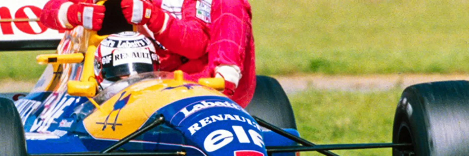 Nigel Mansell giving Aryton Senna a ride with his 1991 Williams FW14 which will be offered at RM Sothebys Monaco auction