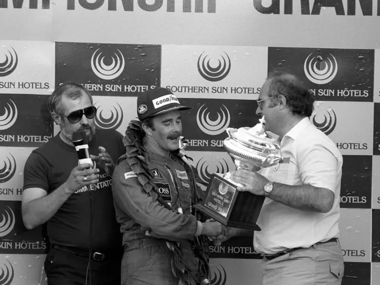 South African Grand Prix Kyalami 19th October 1985 
Podium, Nigel Mansell Williams FW10 wins the race Keke Rosberg Williams FW10 is 2nd and Alain Prost Mclaren MP4/2b 3rd
© Formula One Pictures / Picture by John Townsend.  jt@f1pictures.com www.f1pictures.com.
