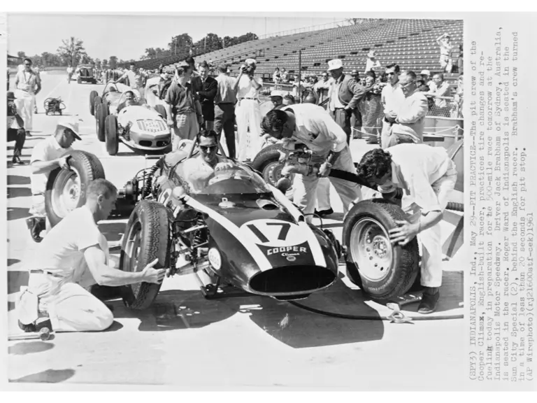 In the pits at the 1961 Indianapolis 500, where Jack Brabham finished 9th overall.