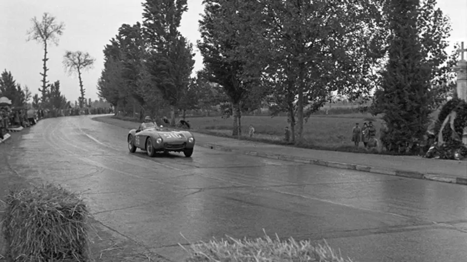 Chassis 0406 MD, still wearing its original Pinin Farina Spider coachwork, at the 1954 Mille Miglia. There, Cortese and Perruchini drove the Mondial to a 4th in class and 14th overall finish.