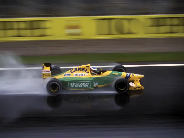 Michael Schumacher en route to a second place finish at the 1992 Spanish Grand Prix.