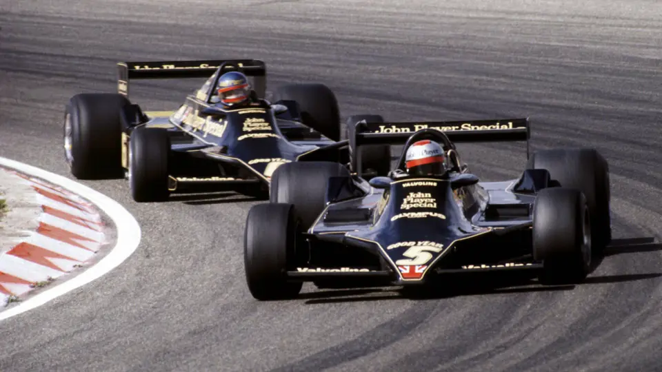 Mario Andretti leads Ronnie Peterson at the 1978 French Grand Prix, both driving Lotus 79s. This image is for reference purposes only.
