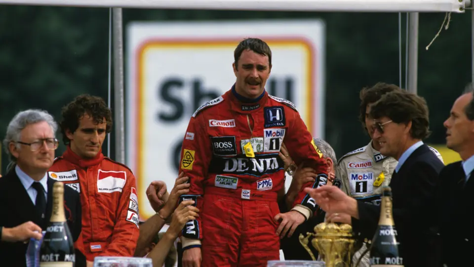 British GP Brands Hatch, Kent, England 1986   
Podium Nigel Mansell Williams FW11 wins the race, Nelson Piquet Williams FW11 is 2nd and Alan Prost Mclaren MP4/2c  3rd
© Formula One Pictures / Picture by John Townsend. Office tele (+36)26 322 826 Hungarian mobile (+36) 70 776 9682. UK Mobile +44 7747 862606 www.f1pictures.com.
Vat Number 221 9053 92
 
