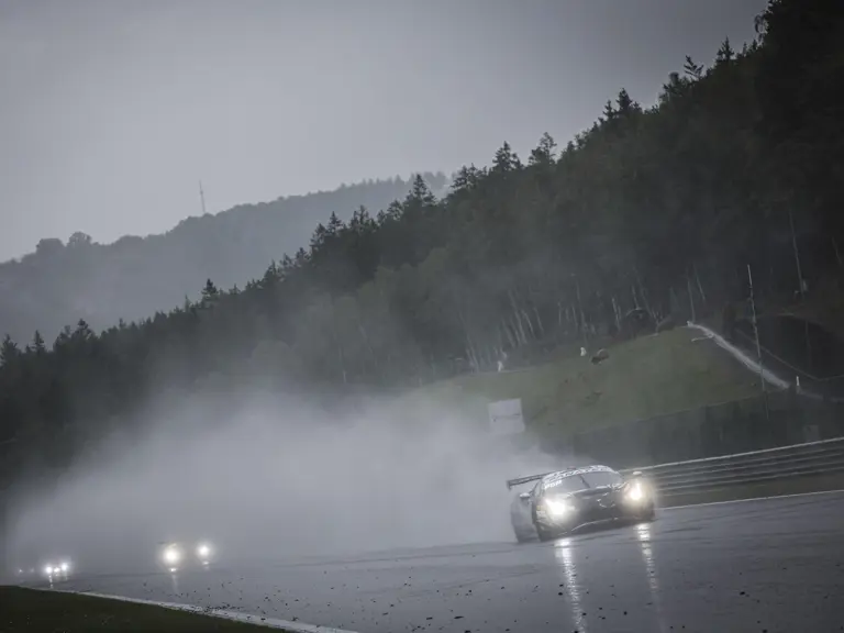 Chassis 4606 has the lead along Eau Rouge in the wet 24 Hour of Spa.